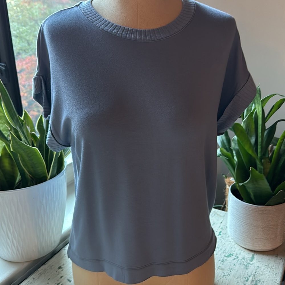 SPLENDID ECO ribbed detail short sleeve sweater top| NWT | dusty blue | XS